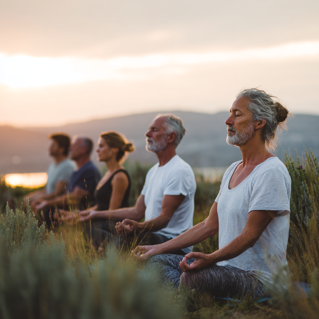 Group of experienced adults practicing yoga in serene natural environment