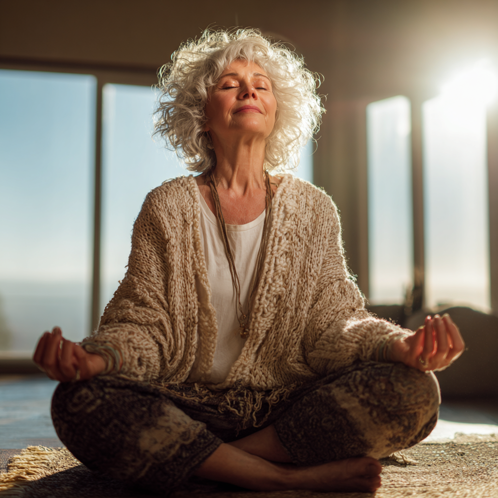 Peaceful mature woman in meditation pose surrounded by natural light